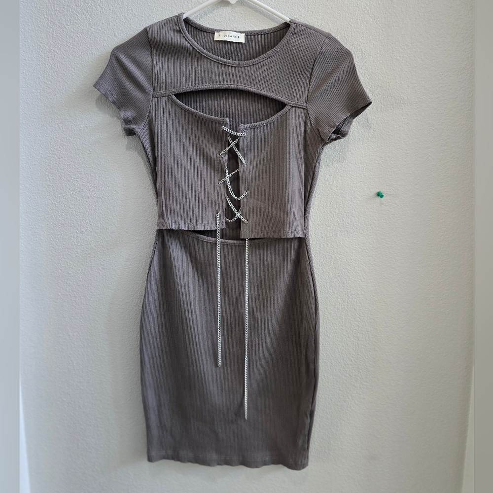 Attirance grey bodycon dress with rhinestone lattice front closure. size medium